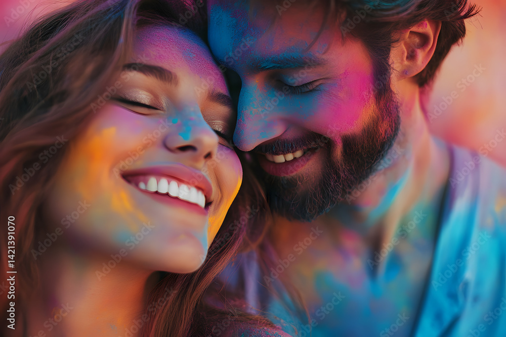 Obraz premium Joyful couple smiles and embraces while covered in colorful powder during a festive outdoor celebration