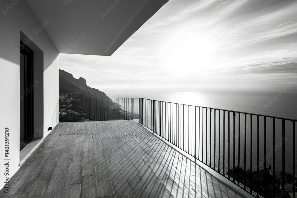 Fototapeta premium Modern balcony overlooking a serene coastal landscape with mountains in the background.