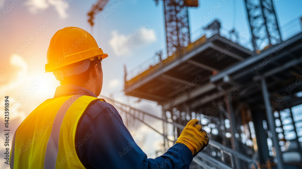 Low-angle shot of hard-hatted worker on staircase with sun flaring behind steel beams, emphasizing scale of offshore operation and human presence within