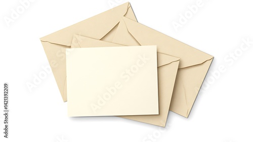 Close up of three cream colored envelopes and a blank card stock