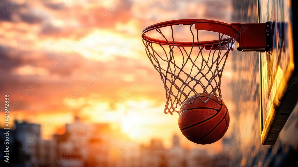 Basketball going through the hoop at sunset over a city. Basketball going through the hoop at sunset over a city.