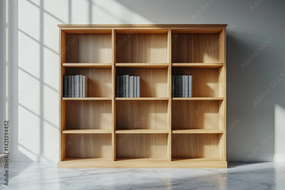 Fototapeta premium A light oak wooden bookcase with multiple shelves, some holding books, stands against a white wall.