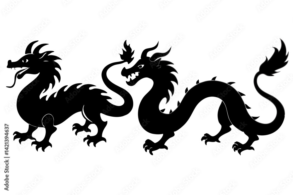 Fototapeta premium set of Chinese dragon vector silhouette illustration isolated on white background
