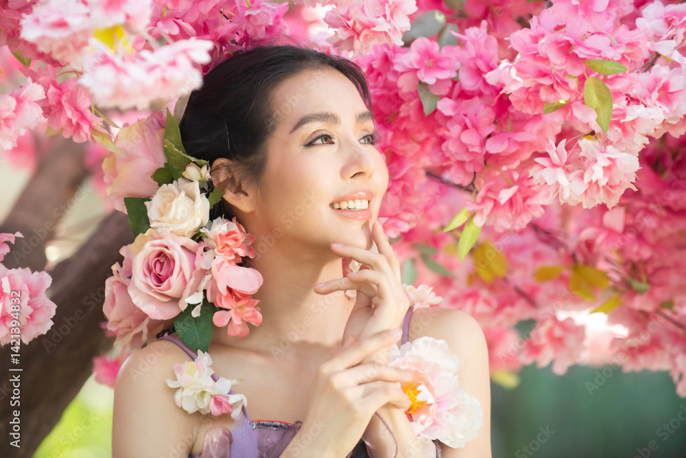 serene woman surrounded by pink flowers symbolizes the connection between skin health and mental wellbeing highlighting the importance of self care and natural beauty.image serene woman surrounded by pink flowers symbolizes the connection between skin health and mental wellbeing highlighting the importance of self care and natural beauty.image
