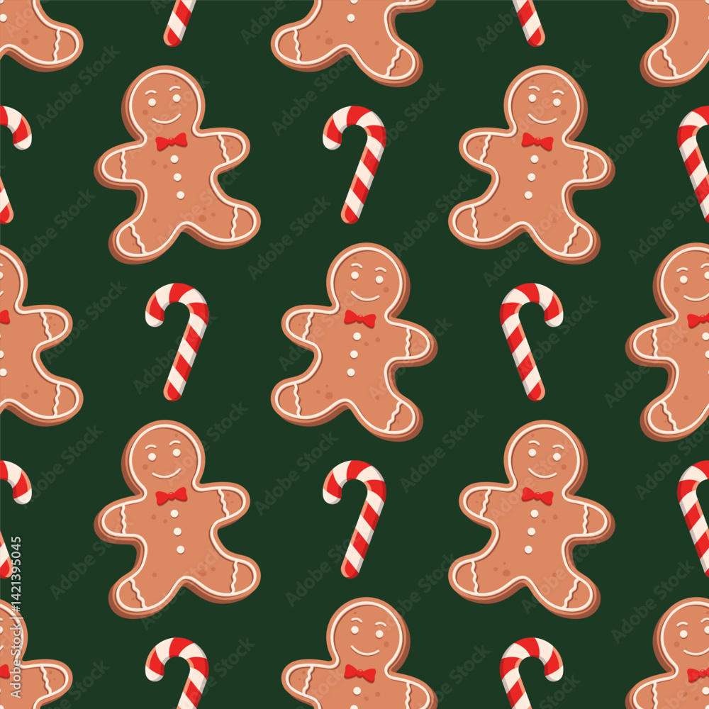 Seamless pattern with gingerbread men and candy cane on a dark green background. Vector holiday background.
Seamless pattern with gingerbread men and candy cane on a dark green background. Vector holiday background.