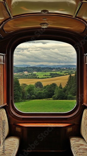 Luxury train interior with scenic rural view through window travel by rail countryside background and vintage carriage ambience