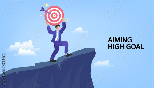 Aiming high goal and business success concept. A successful businessman holding a bullseye target on a cliff top. A vector illustration for a leadership, victory, and achievement mission.
