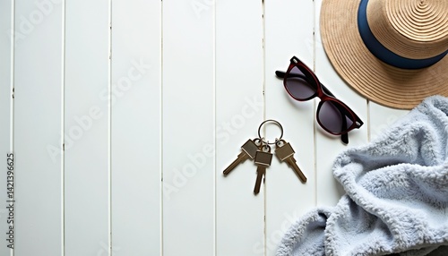 Straw hat, sunglasses, and keys closeup representing preparation for travel or relaxation