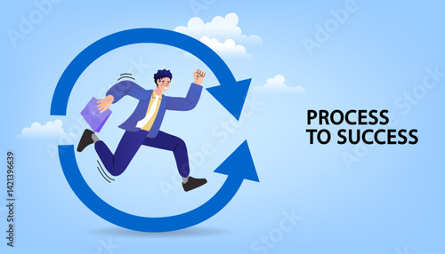 Businessman running on circle arrow diagram. towards target. Time management and efficient workflow. leadership and motivation. Quick decisions. success concept. flat vector illustration.