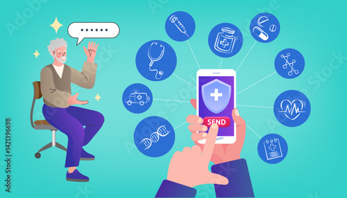 old woman holding mobile phone , online medical concept.