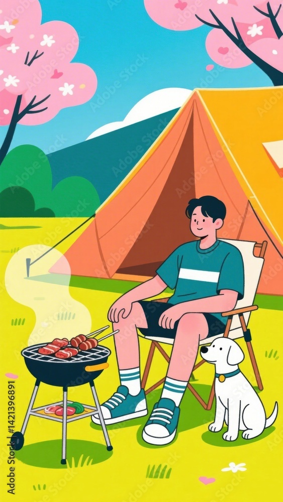 Fototapeta premium Man Grilling Meat by a Tent with a Dog