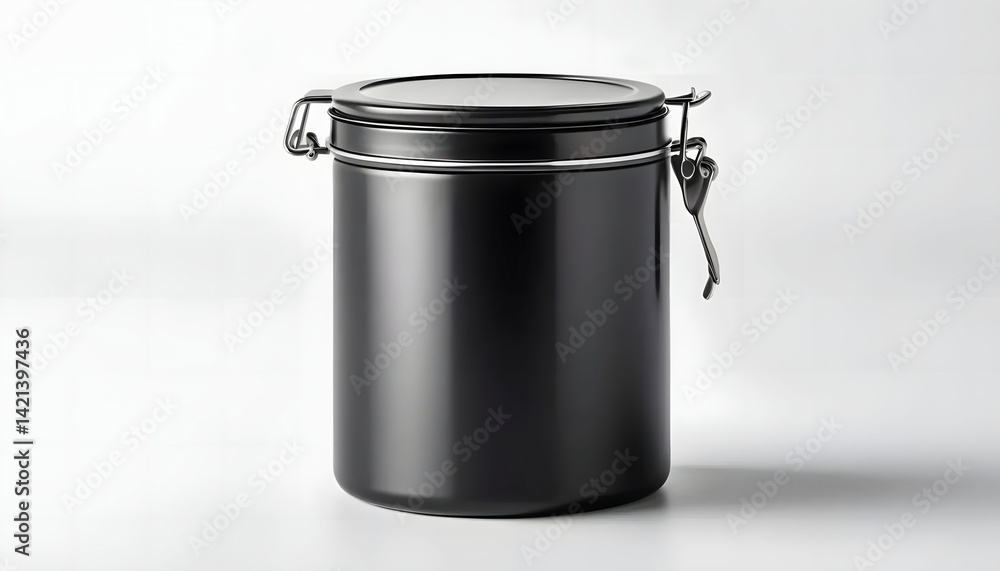 Sleek Black Metal Canister with Easy-Grip Lid – Isolated on White Background Sleek Black Metal Canister with Easy-Grip Lid – Isolated on White Background