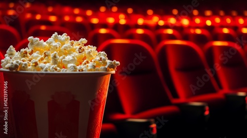 Movie time snack: delicious popcorn with red theater seating background 