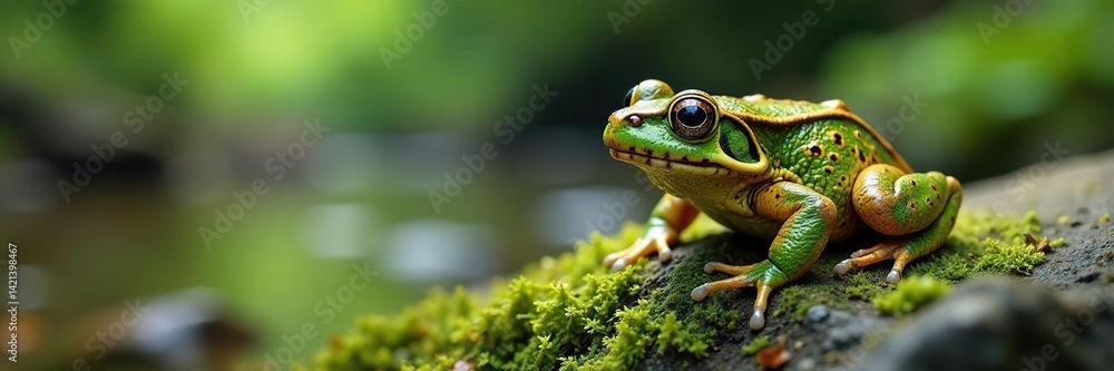 Fototapeta premium Camouflaged toad clings to moss-covered stream stone , forest, environment