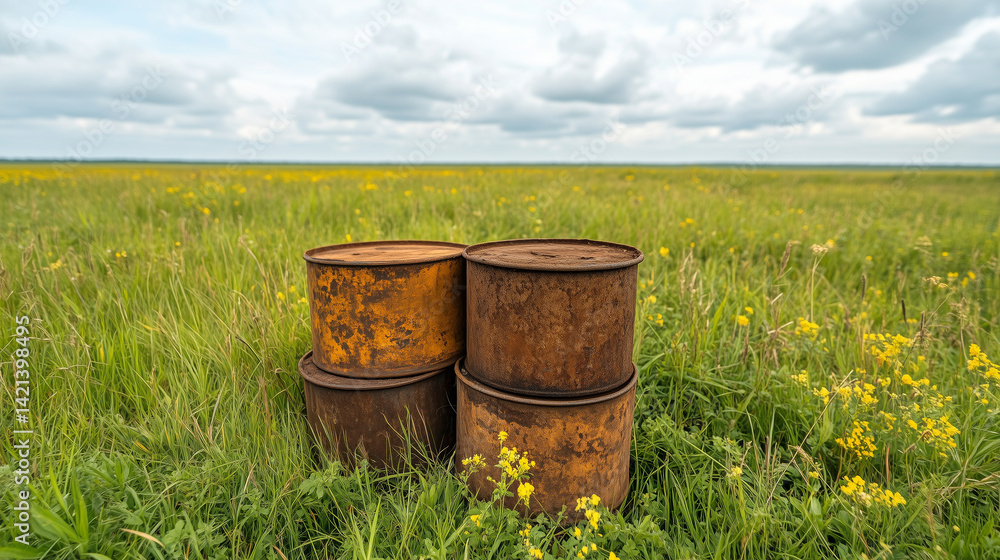 Rusty barrels in a vibrant green field under cloudy skies Rusty barrels in a vibrant green field under cloudy skies