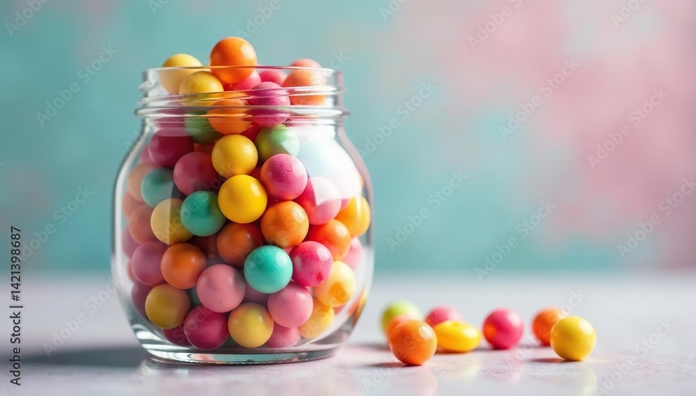 Clear glass jar overflowing with vibrant gumballs , glossy, bright, jar of gumballs Clear glass jar overflowing with vibrant gumballs , glossy, bright, jar of gumballs
