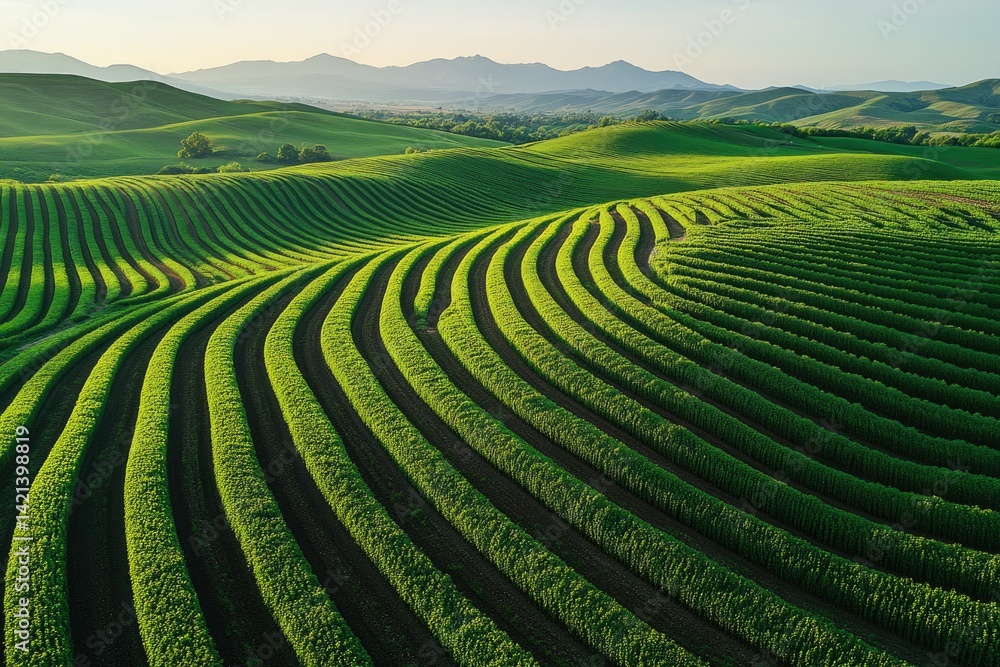 Aerial view of rolling green hills showcasing meticulously cultivated rows of crops under a serene sky. Aerial view of rolling green hills showcasing meticulously cultivated rows of crops under a serene sky.