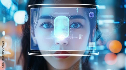 Innovative biometrics scanning, young woman in futuristic technology interface concept