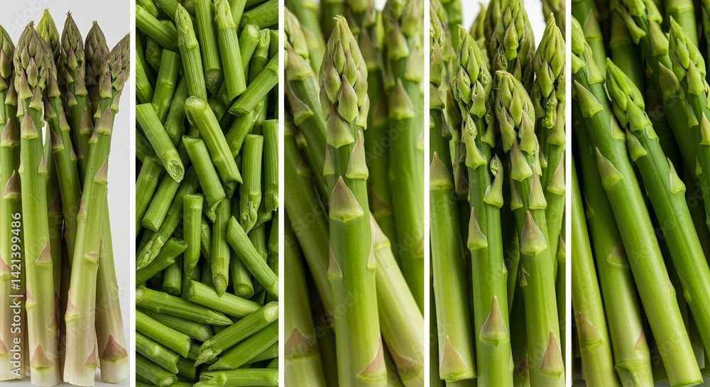 Obraz premium Vibrant Green Asparagus Spears Collage Showcasing Detailed Plant Structure and Freshness Perfect for Healthy Eating and Culinary Themes