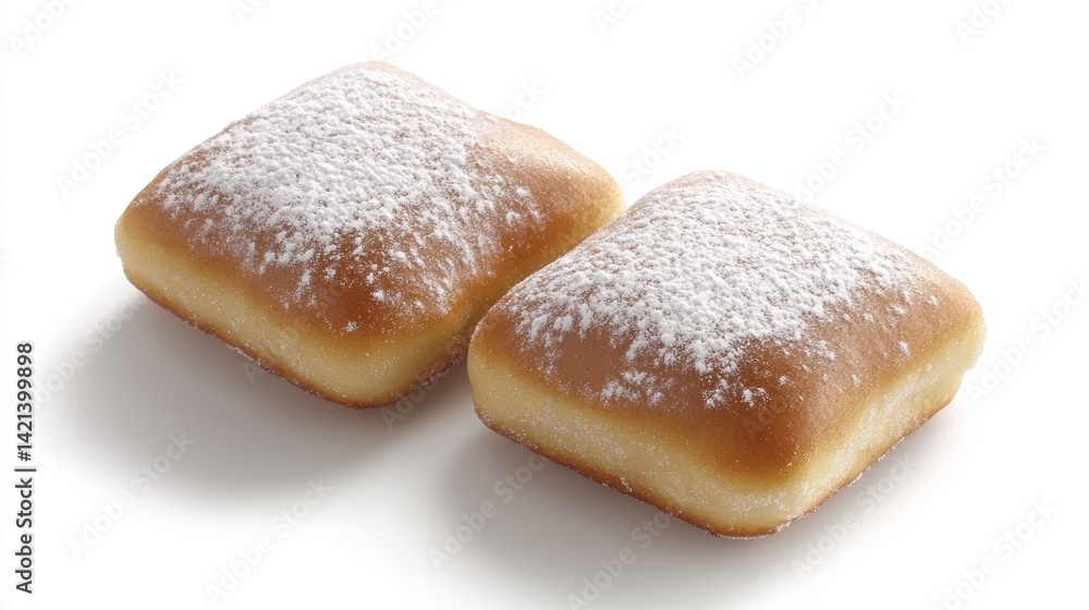 Two sweet beignets topped with powdered sugar on a clean white background delicious pastry treats fresh baked and ready to eat or for breakfast and dessert Two sweet beignets topped with powdered sugar on a clean white background delicious pastry treats fresh baked and ready to eat or for breakfast and dessert