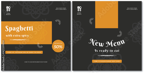 Promotional restaurant template featuring spaghetti and new menu items