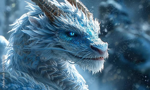 Epic white dragon soaring under falling snow in fantasy winter landscape video
