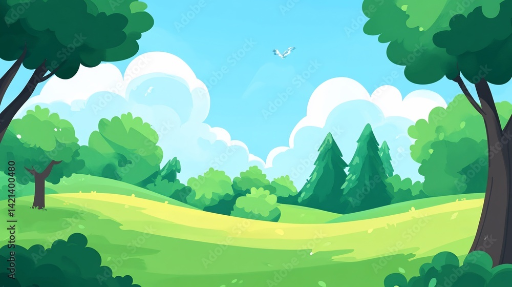 Obraz premium Springtime meadow landscape, lush trees, puffy clouds