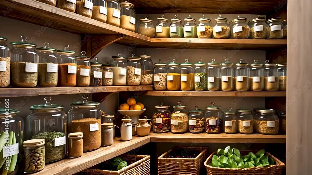 Pantry with wooden shelves filled with glass jars of grains, spices, and preserves Pantry with wooden shelves filled with glass jars of grains, spices, and preserves
