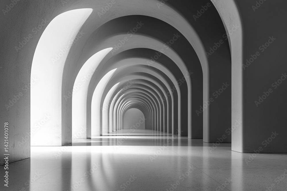 A long hallway with many arches sunlight streams through the openings creating a dramatic effect A long hallway with many arches sunlight streams through the openings creating a dramatic effect