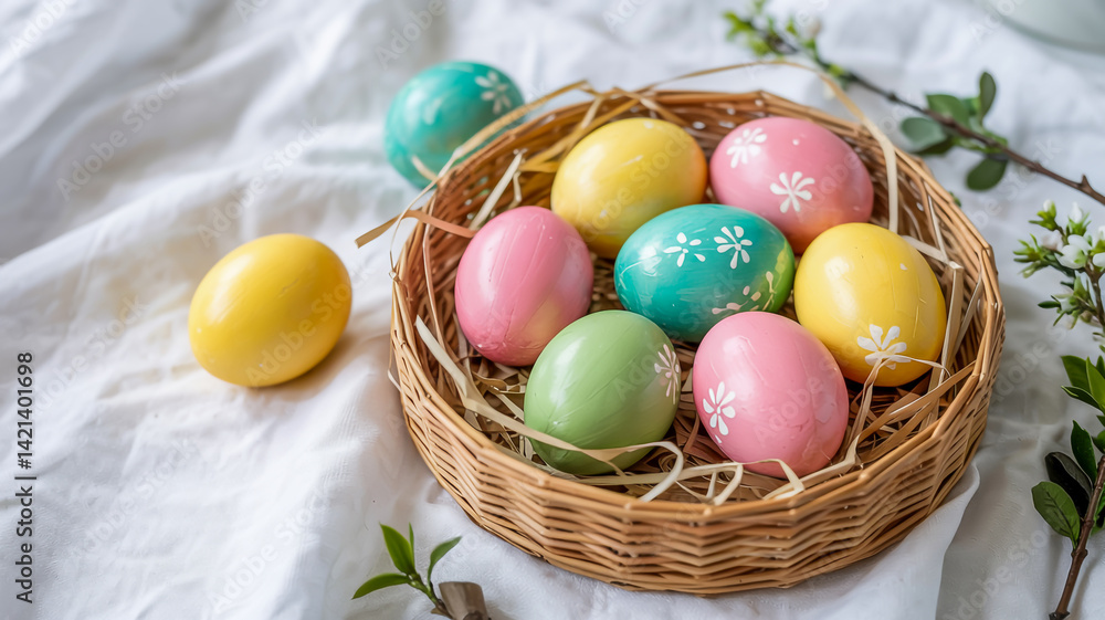 Easter eggs painted in pastel colors on white background, soft shadows, spring theme Easter eggs painted in pastel colors on white background, soft shadows, spring theme