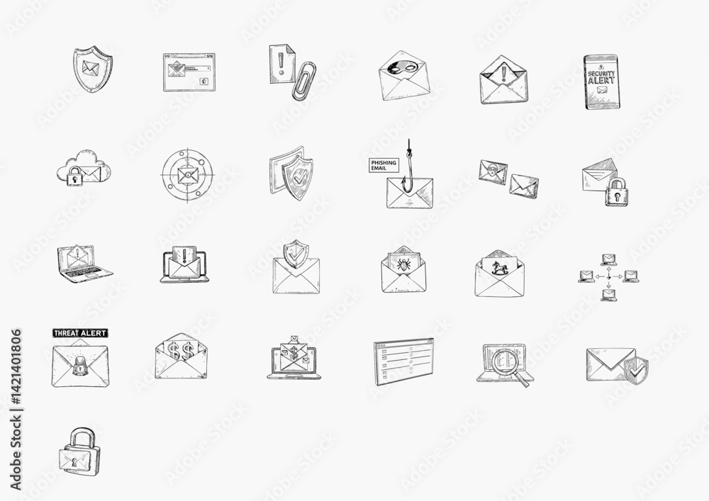 Email cyber security icons collection with various alert symbols Email cyber security icons collection with various alert symbols