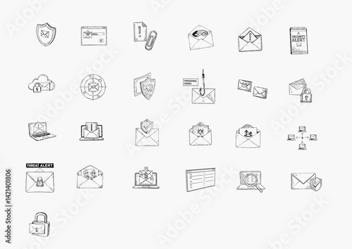 Email cyber security icons collection with various alert symbols