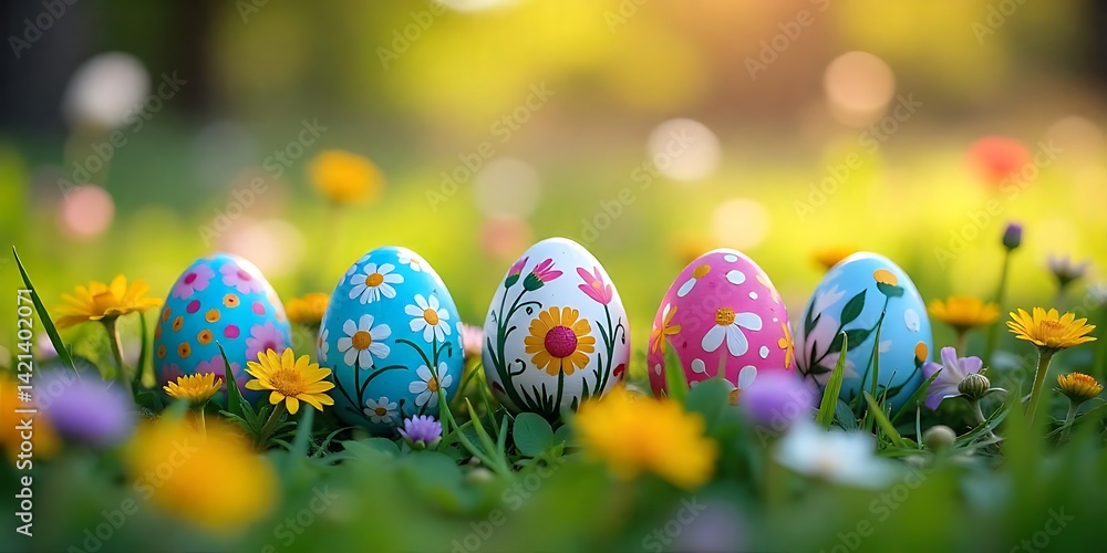 easter eggs with floral patterns on a bed of green grass, forest in the background with bokeh effect easter eggs with floral patterns on a bed of green grass, forest in the background with bokeh effect