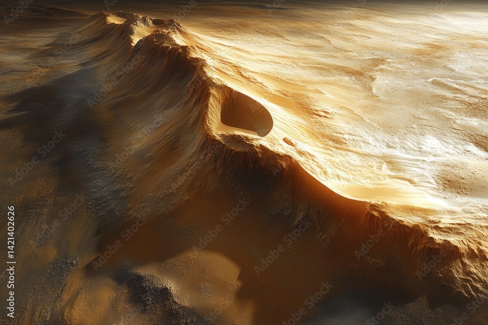 A sunlit Martian landscape showcasing a dramatic mountain range with a crater, a breathtaking vista of rusty dunes and textured rock formations.
