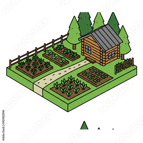Flat vector vegetable garden illustration with green plants and brown soil depicting