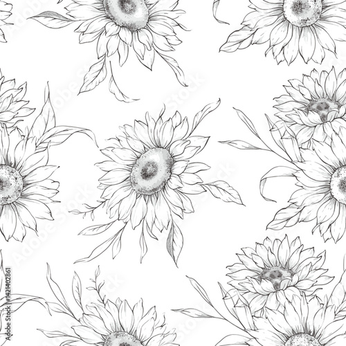 Floral seamless pattern with Sunflowers. Sunflowers background. Sunflower pattern. Sunflower hand drawn line art design. Elegant seamless background minimalist style
