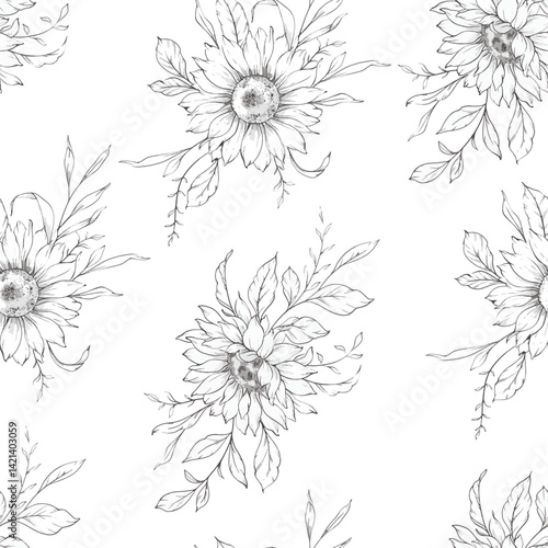 Floral seamless pattern with Sunflowers. Sunflowers background. Sunflower pattern. Sunflower hand drawn line art design. Elegant seamless background minimalist style