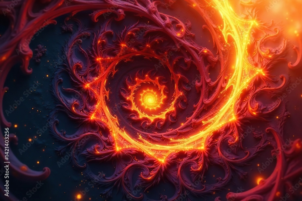 Fototapeta premium Hypnotic swirling fractal, fiery oranges & reds, self-similarity, complex