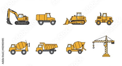 Minimalist Vector Line Art Icons of Construction Vehicles