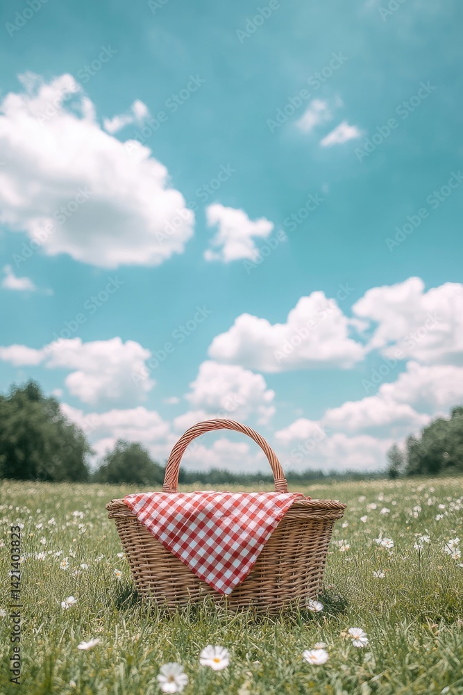 Picnic basket in meadow Picnic basket in meadow