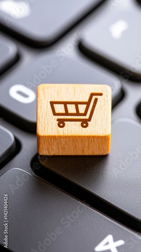 Close-up of a wooden shopping cart icon stamp placed on a black computer keyboard illustrating online shopping, e-commerce, digital retail, and digital marketplace concepts