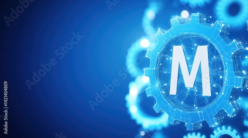 High tech futuristic digital interface featu a prominent letter M illuminated within glowing gear icons and interconnected technological elements on a blue background