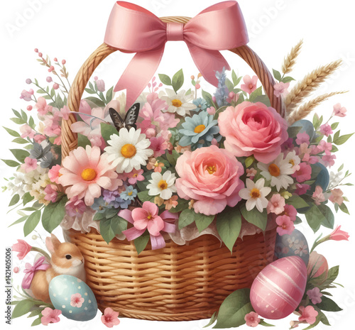 easter eggs and basket with flowers