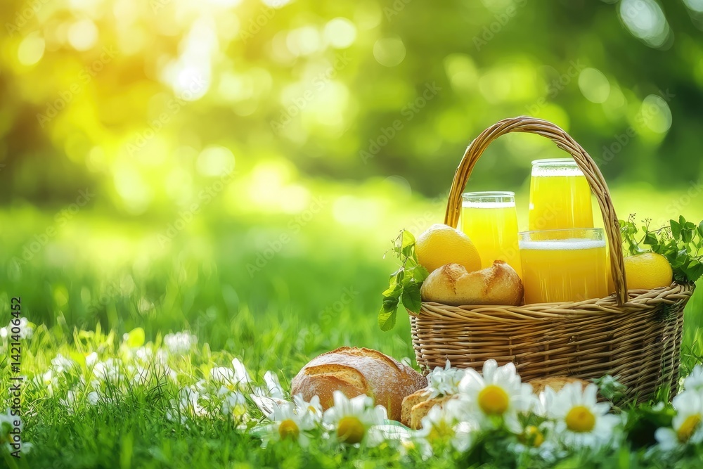 Picnic basket with juice and bread in a sunny meadow