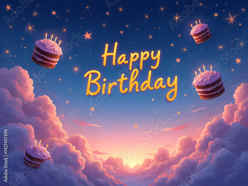 Magical 'Happy Birthday' Greeting with Floating Cakes and a Starry Sky