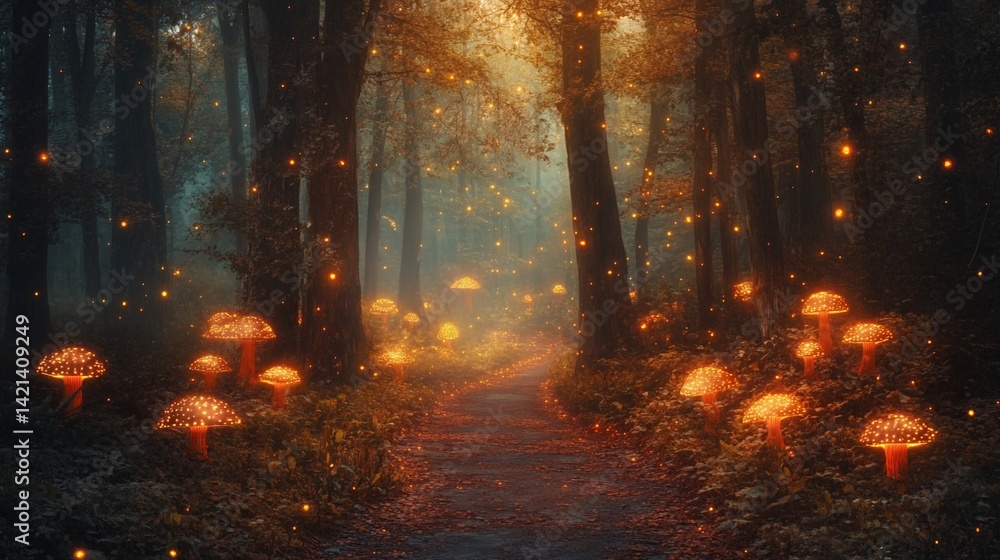 Naklejka premium Enchanted Forest Path with Glowing Mushrooms and Fireflies Ambiance