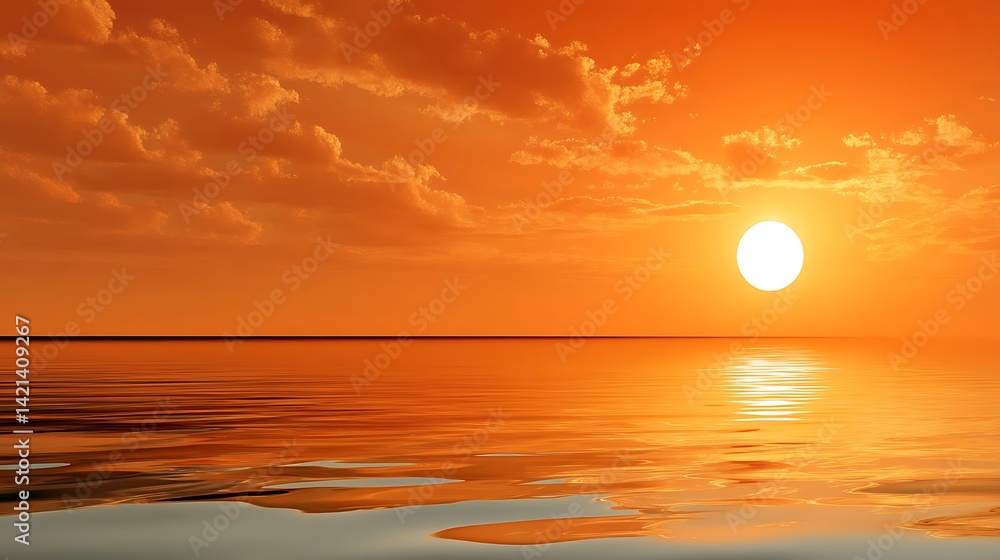 Serene Sunset Over Calm Ocean Waters with Vibrant Orange Sky and Soft Clouds Reflecting on Water Surface Serene Sunset Over Calm Ocean Waters with Vibrant Orange Sky and Soft Clouds Reflecting on Water Surface