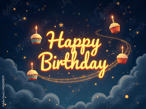 Starry Night 'Happy Birthday' Greeting with Flying Cupcakes and Glowing Candle