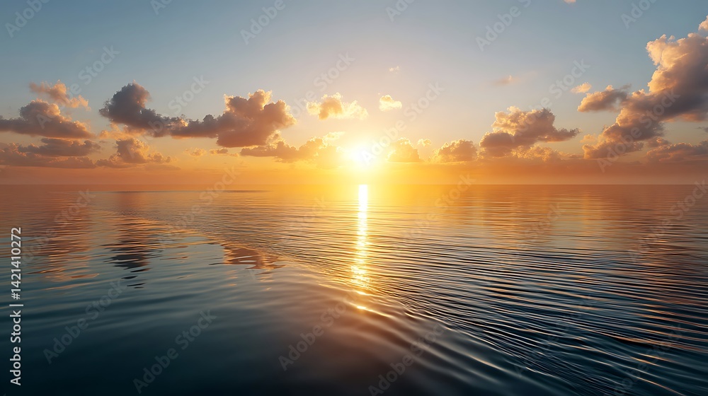 Fototapeta premium Serene Sunset Over Calm Ocean Waters with Reflection and Gentle Clouds in a Beautiful Horizon Landscape