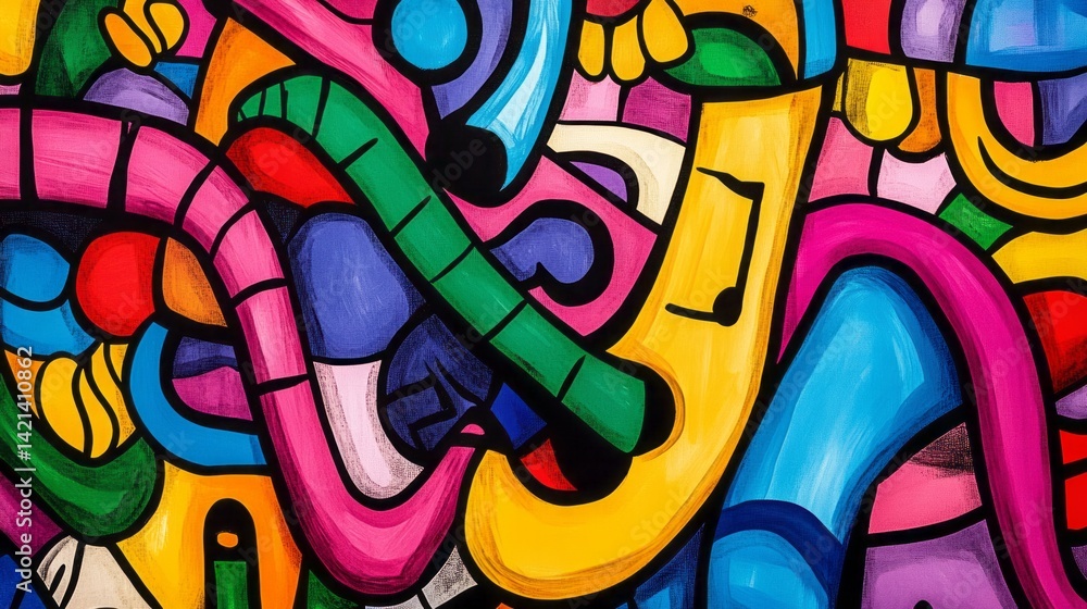 Colorful abstract painting features musical notes and shapes intertwined Colorful abstract painting features musical notes and shapes intertwined